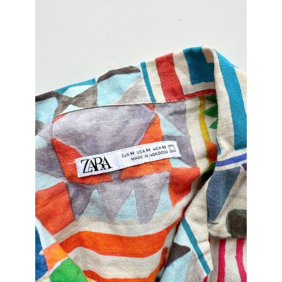 ZARA Multi Color Tile Printed 100% Cotton Short Sleeve Hawaiian Shirt, Size M - Picture 9 of 12